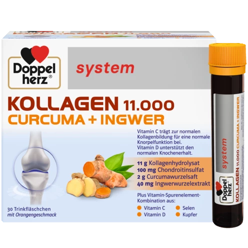 Abbildung der Produktverpackung Doppelherz system KOLLAGEN 11.000 CURCUMA + INGWER Frontansicht
